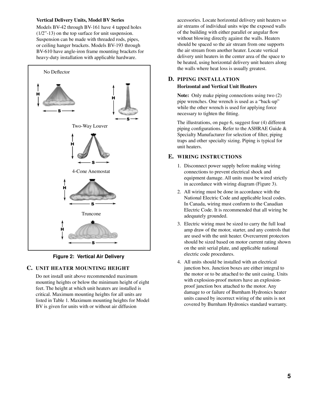 Burnham BV, BH manual Unit Heater Mounting Height, Wiring Instructions 