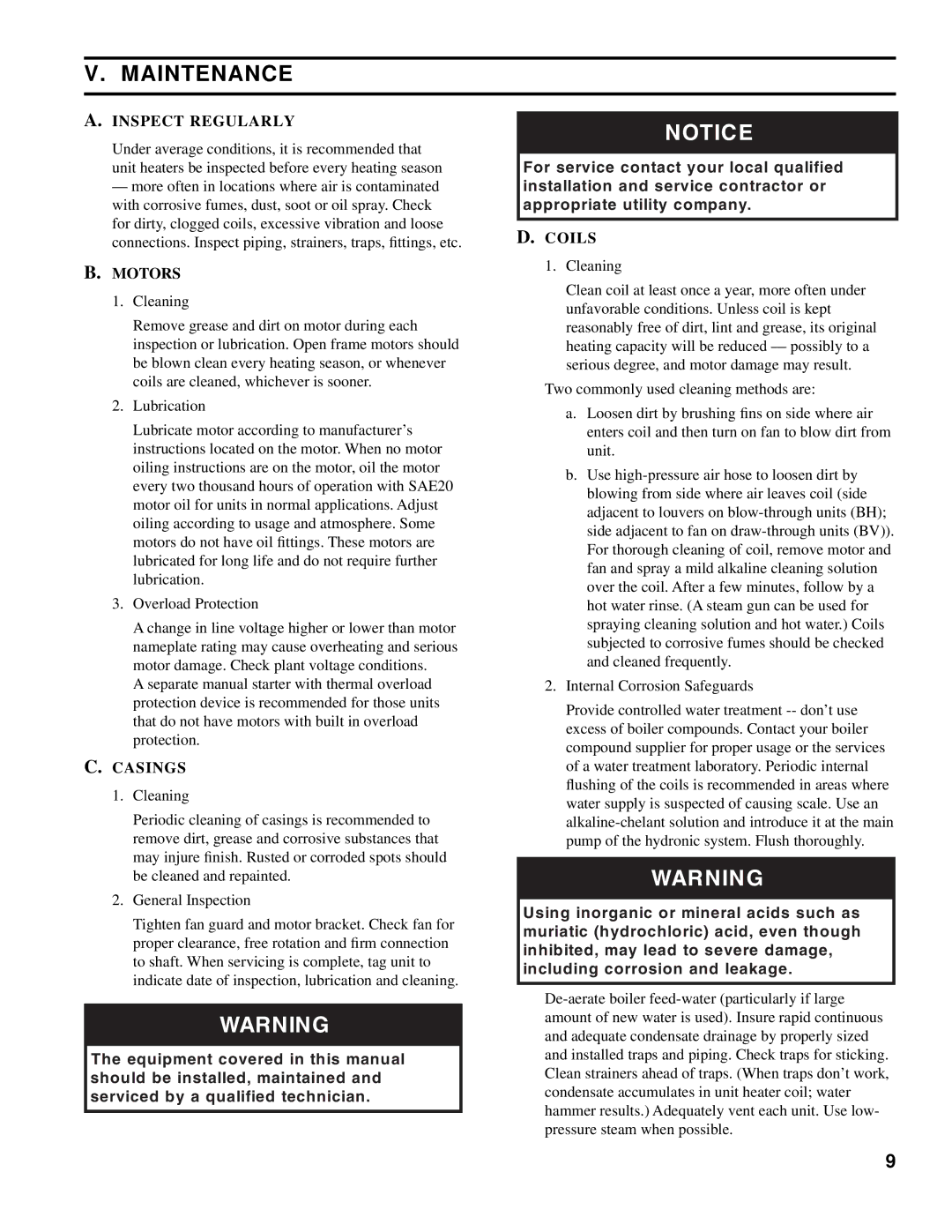 Burnham BV, BH manual Maintenance, Inspect Regularly, Motors, Casings, Coils 