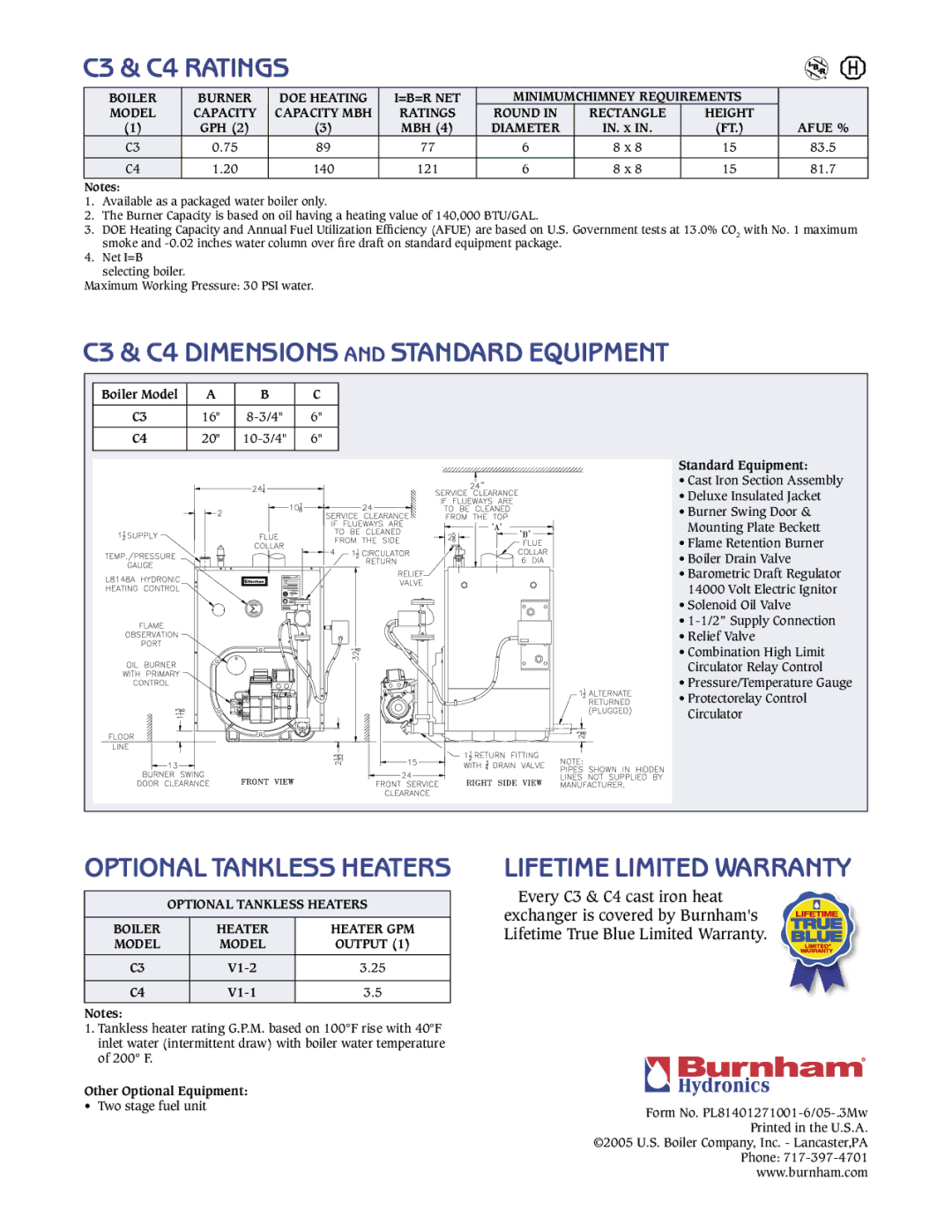 Burnham manual C3 & C4 Ratings, Lifetime Limited Warranty 