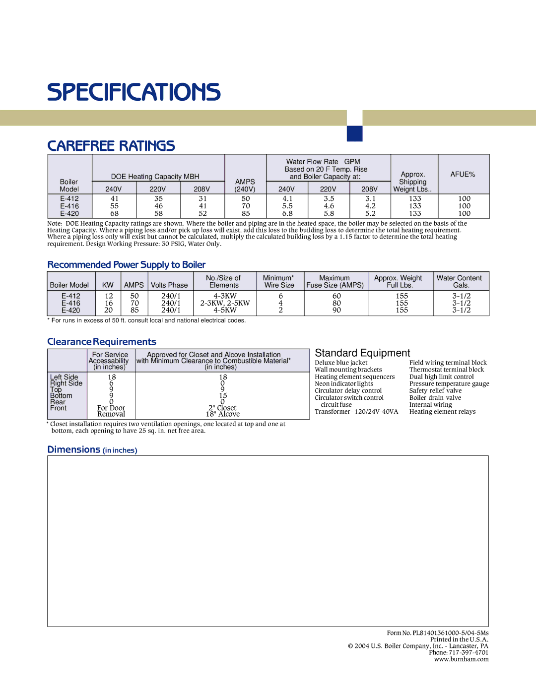 Burnham DOE warranty Recommended Power Supply to Boiler, Clearance Requirements, Dimensions in inches, Afue%, Amps 