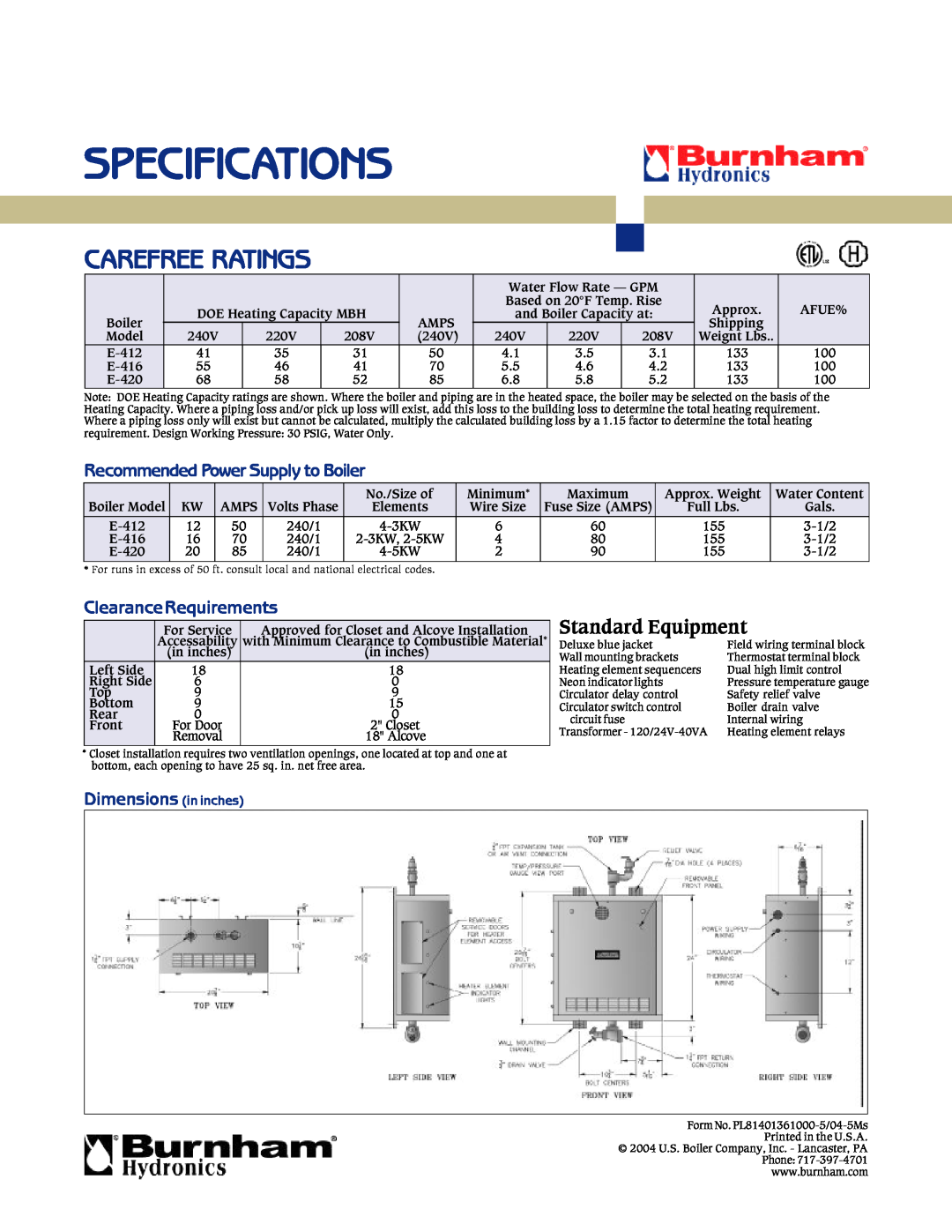 Burnham DOE warranty Specifications, Carefree Ratings, Recommended Power Supply to Boiler, Clearance Requirements 