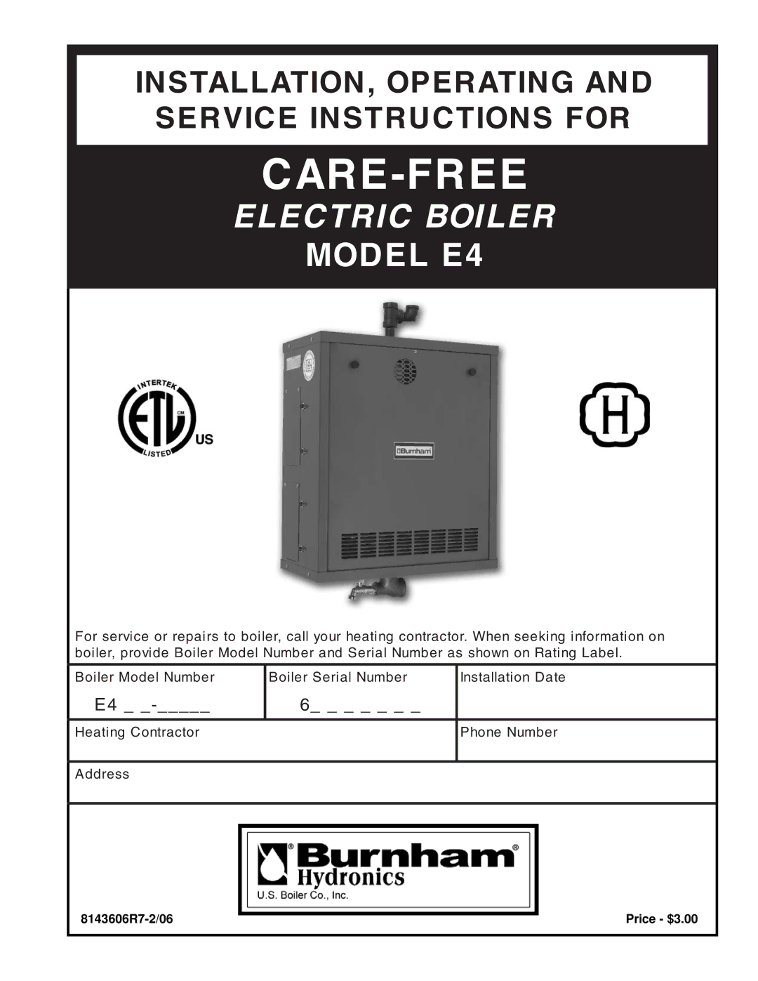 Burnham E4 manual Care-Free 