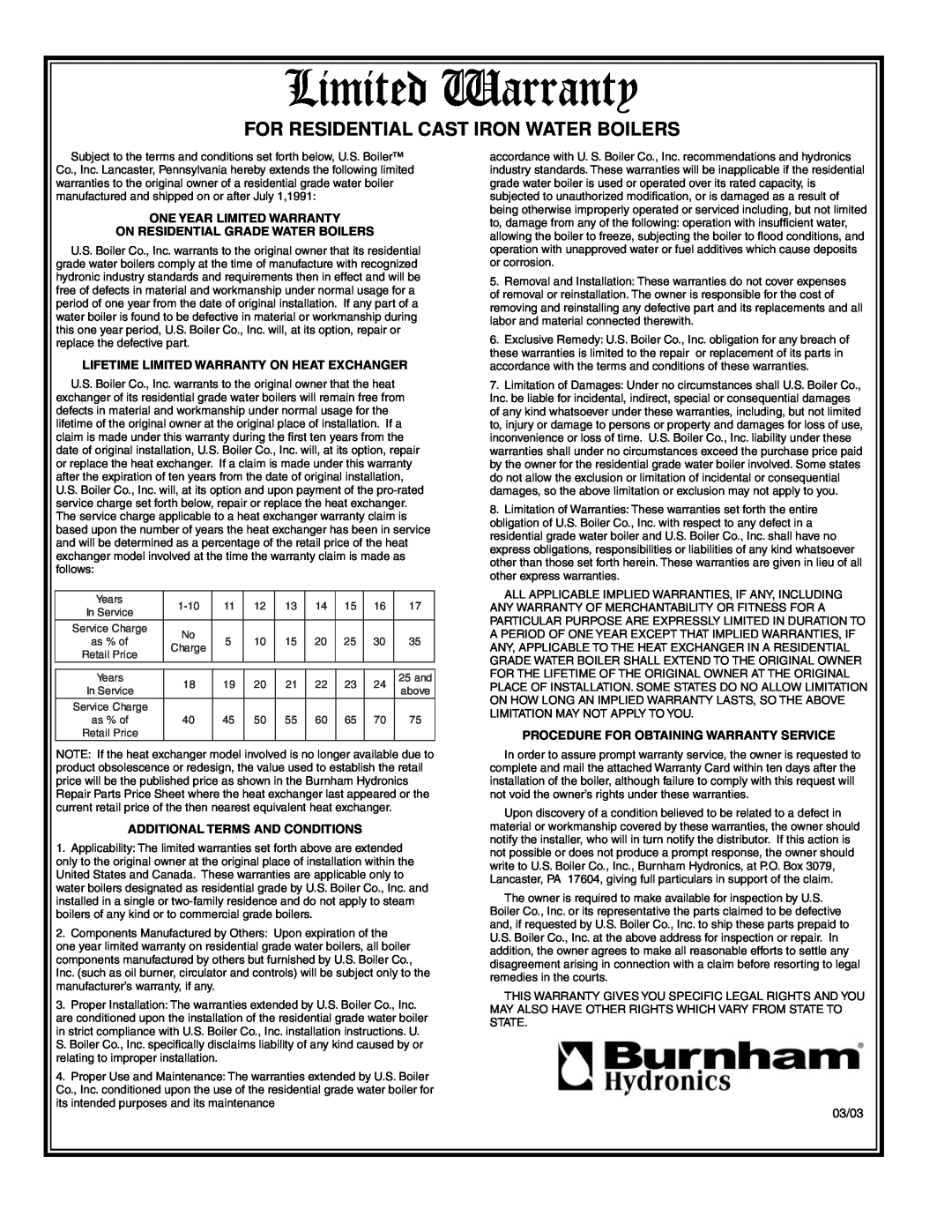 Burnham E4 manual For Residential Cast Iron Water Boilers, Lifetime Limited Warranty On Heat Exchanger, 03/03 