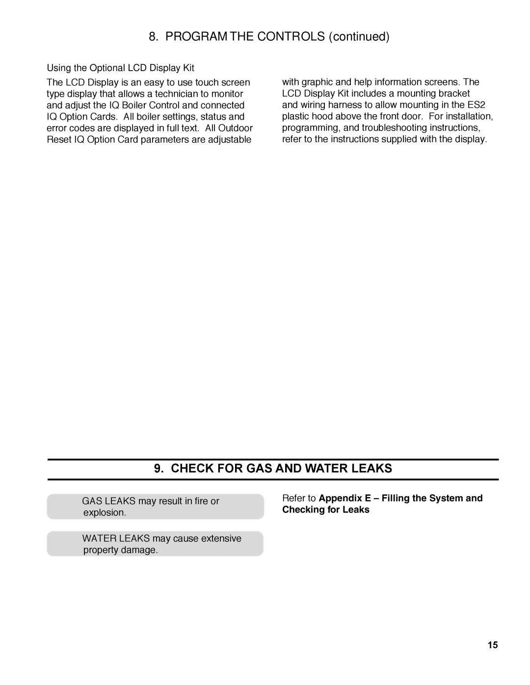 Burnham ES2 manual Check for Gas and Water Leaks, Using the Optional LCD Display Kit 