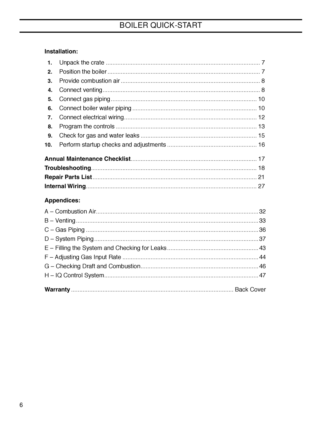 Burnham ES2 manual Boiler Quick-Start, Installation, Appendices 