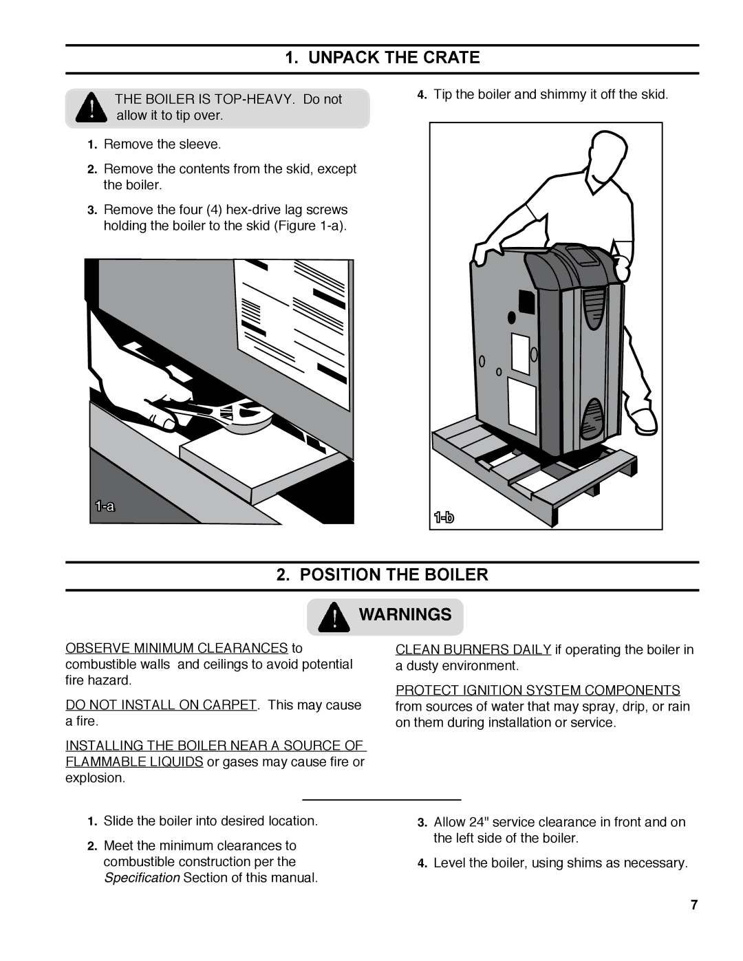 Burnham ES2 manual Unpack the Crate, Position the Boiler 