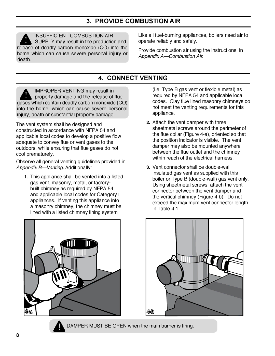 Burnham ES2 manual Provide Combustion Air, Connect Venting 