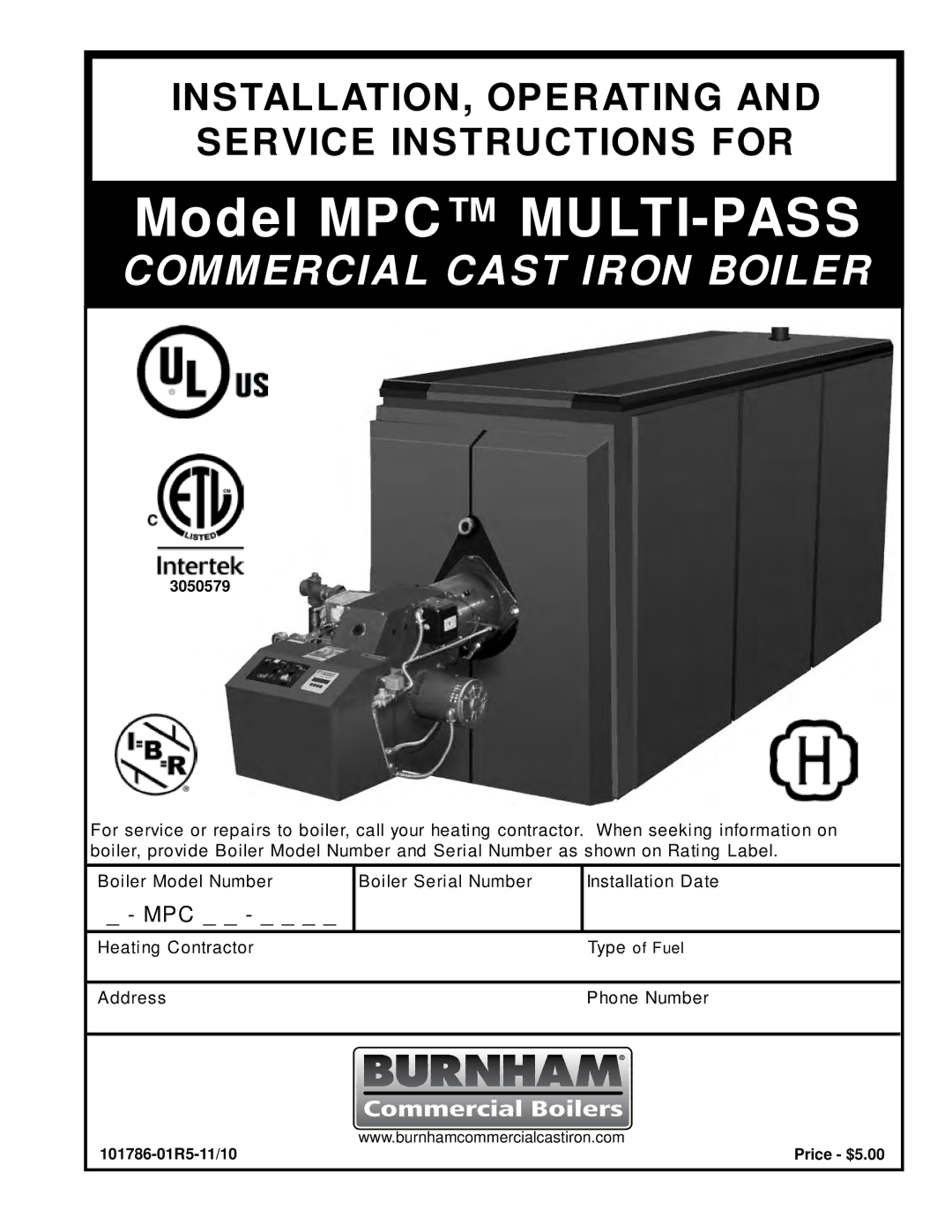 Burnham FM01FD00B manual 101786-01R5-11/10, Ialcastiron.com, Price $5.00 