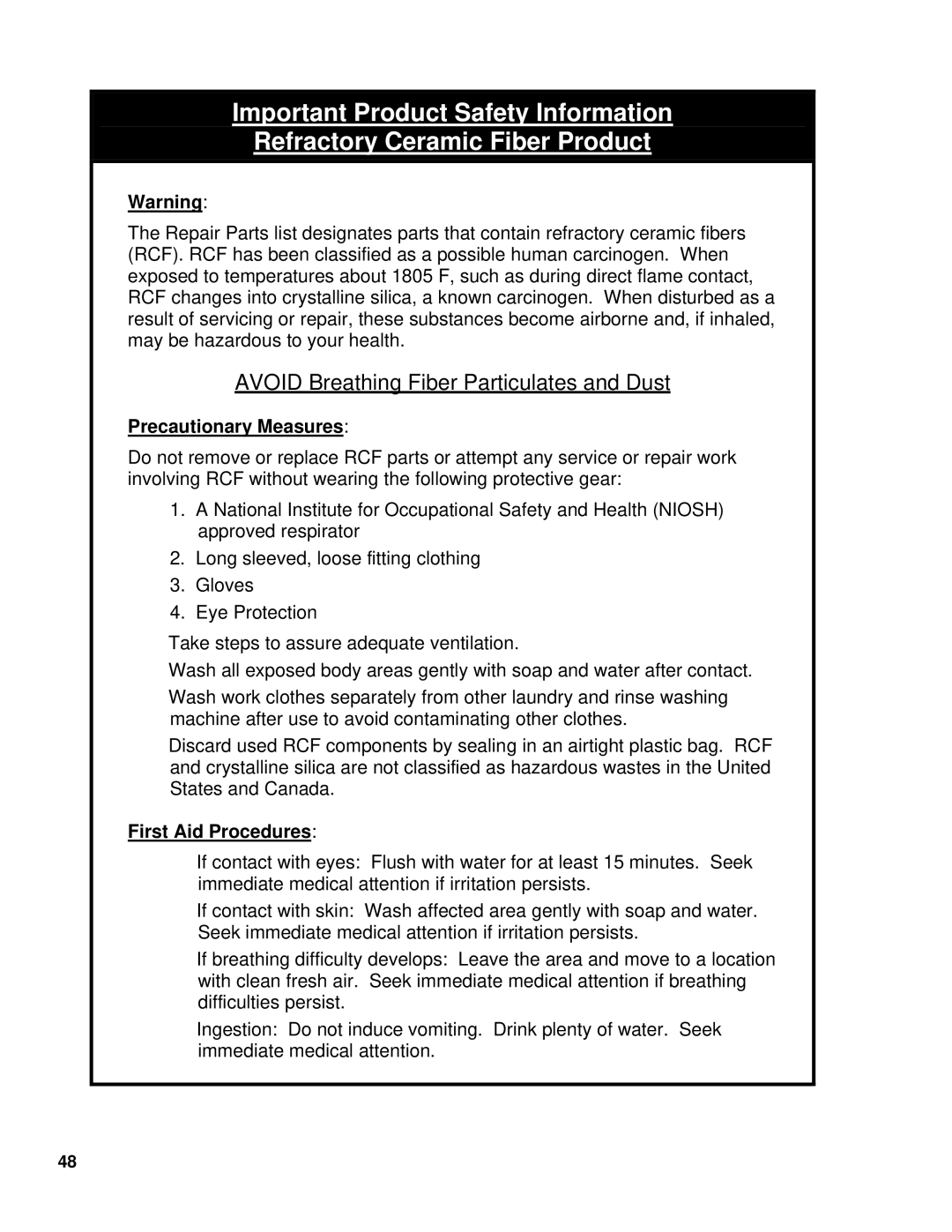 Burnham FM01FD00B manual Avoid Breathing Fiber Particulates and Dust 