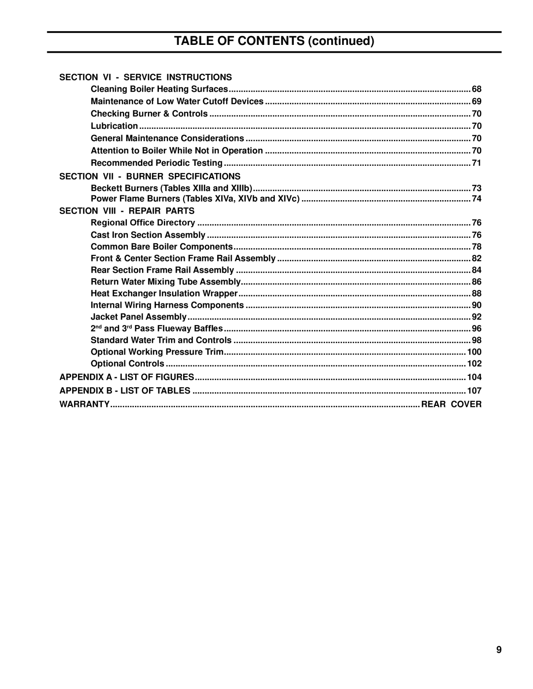 Burnham FM01FD00B manual Section VI Service Instructions, Section VII Burner Specifications, Section Viii Repair Parts 