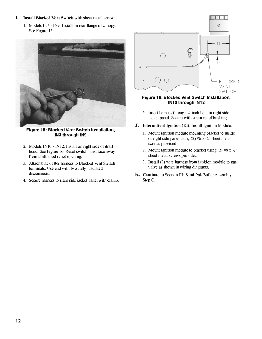 Burnham IN10 manual Install Blocked Vent Switch with sheet metal screws, Intermittent Ignition EI Install Ignition Module 