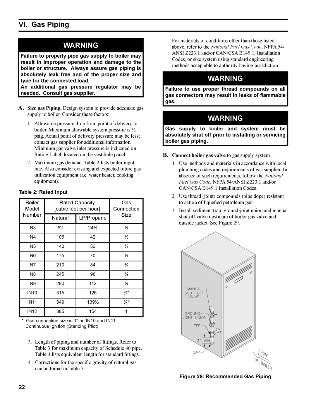 Burnham IN10 manual VI. Gas Piping, Rated Input, Connect boiler gas valve to gas supply system 