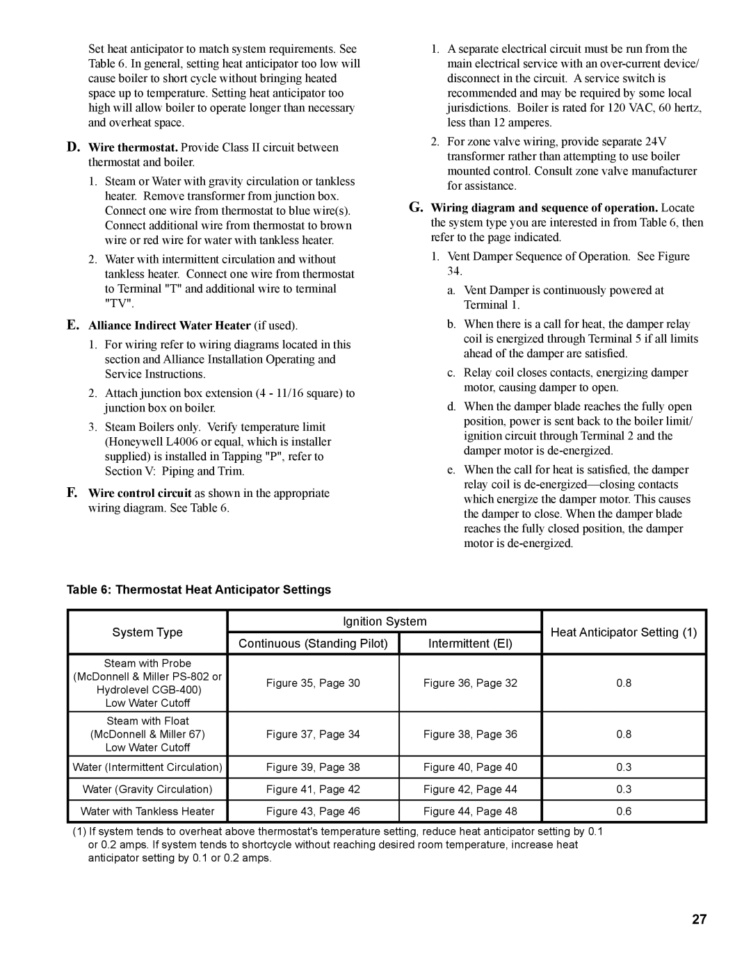 Burnham IN10 manual Alliance Indirect Water Heater if used, Thermostat Heat Anticipator Settings 