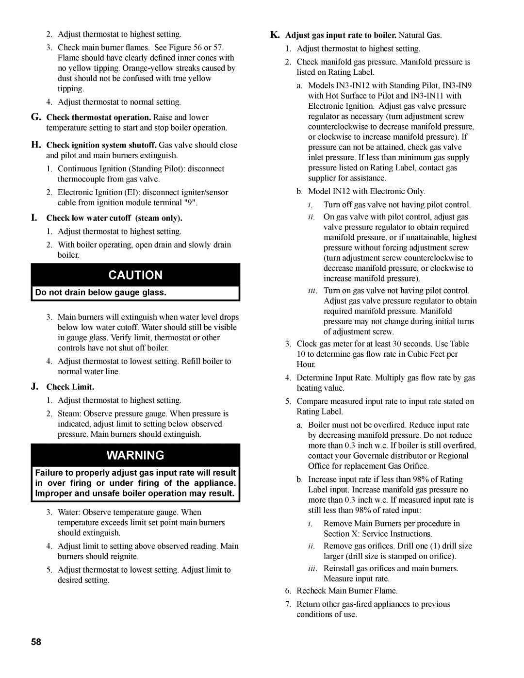 Burnham IN10 manual Check low water cutoff steam only, Do not drain below gauge glass, Check Limit 