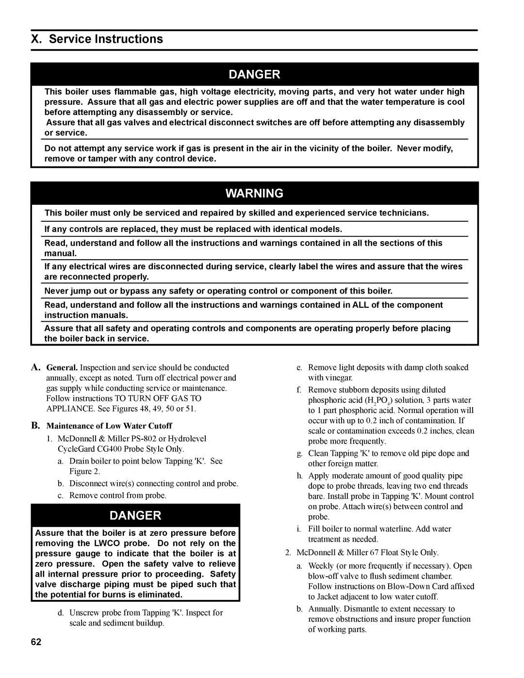 Burnham IN10 manual Service Instructions, Maintenance of Low Water Cutoff 