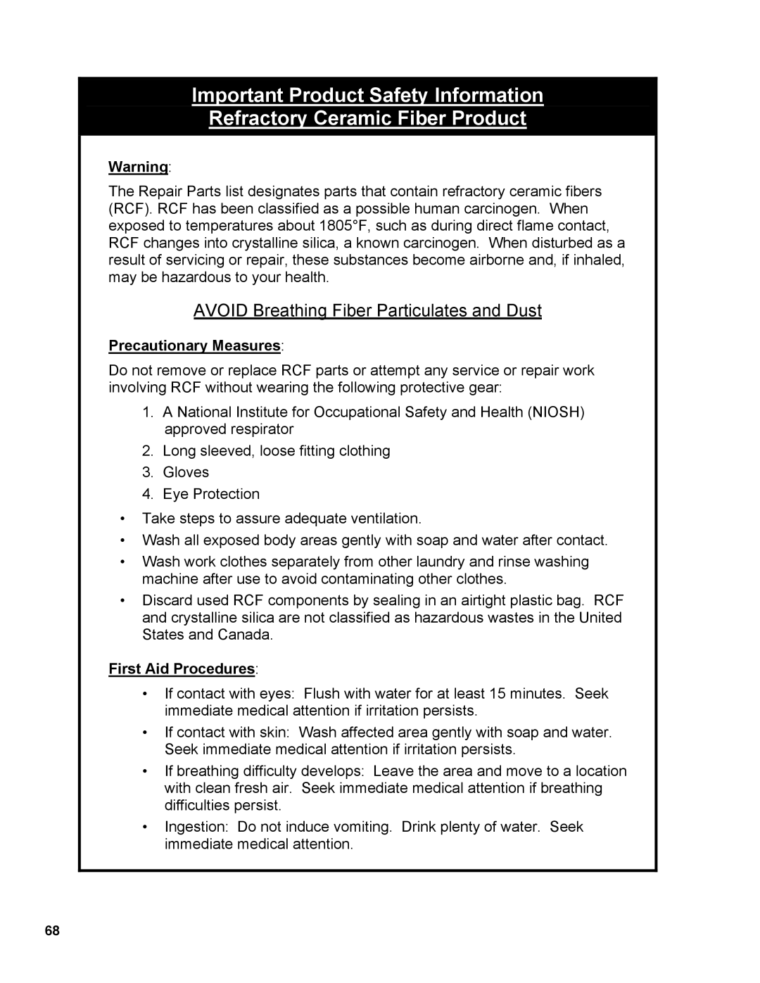 Burnham IN10 manual Avoid Breathing Fiber Particulates and Dust 