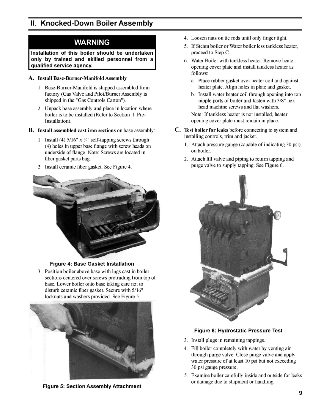 Burnham IN10 manual II. Knocked-Down Boiler Assembly, Install Base-Burner-Manifold Assembly 