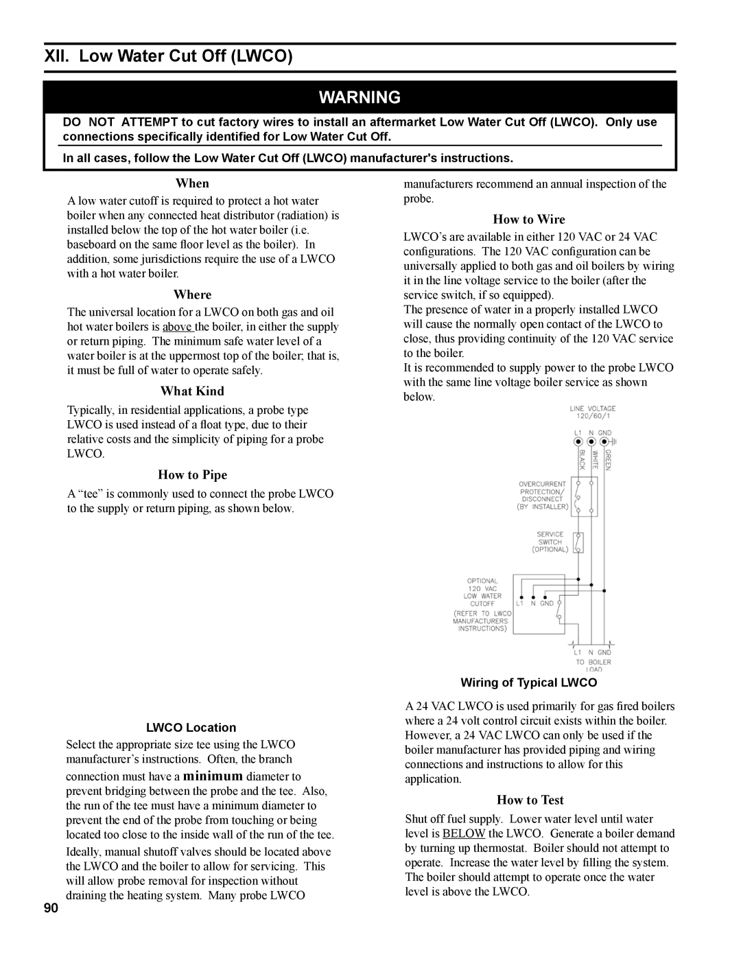 Burnham IN10 manual XII. Low Water Cut Off Lwco, Lwco Location, Wiring of Typical Lwco 