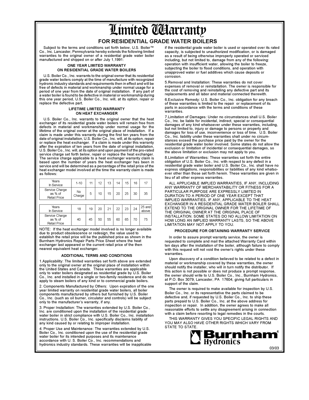 Burnham IN10 manual Limited Warranty 