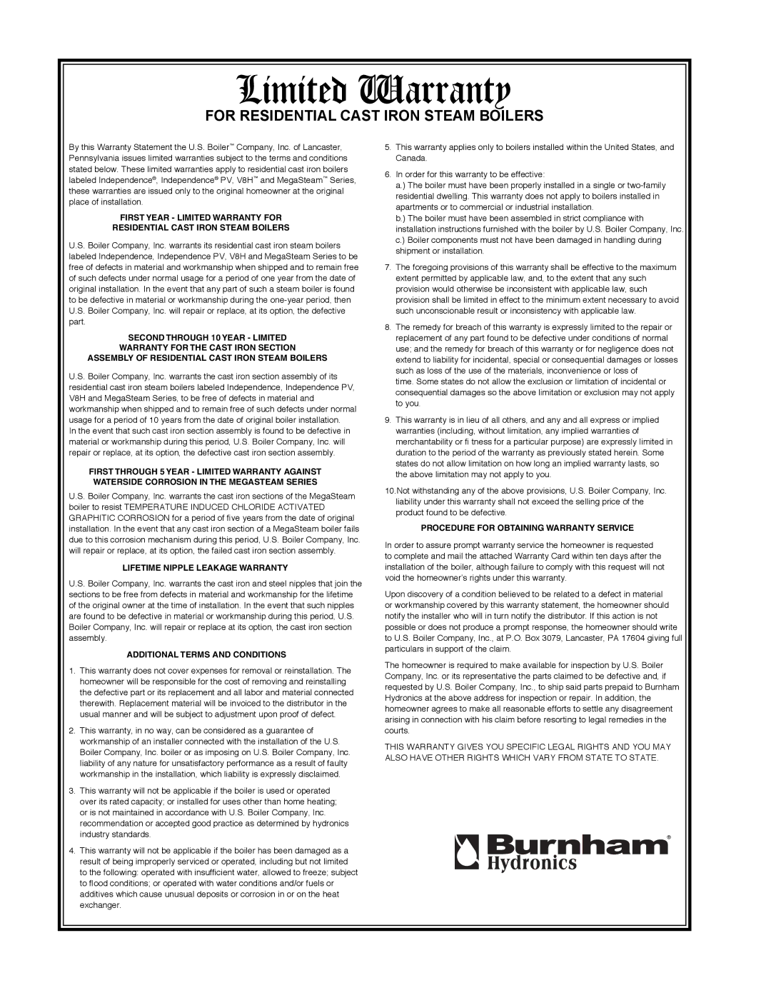 Burnham IN10 manual Limited Warranty 