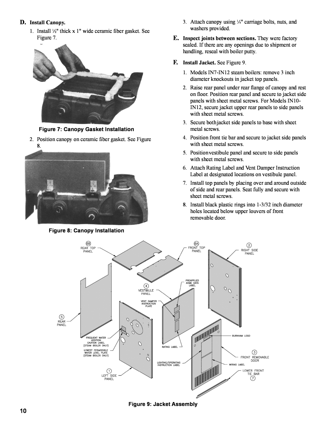 Burnham IN10 manual D. Install Canopy, Canopy Gasket Installation, Canopy Installation, F. Install Jacket. See Figure 