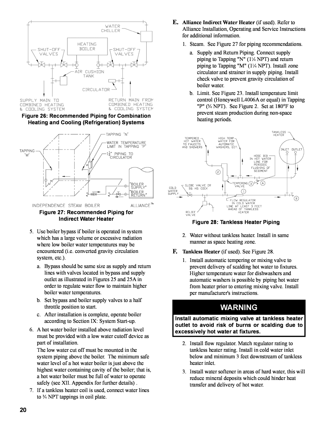 Burnham IN10 manual Recommended Piping for Indirect Water Heater, Tankless Heater Piping 