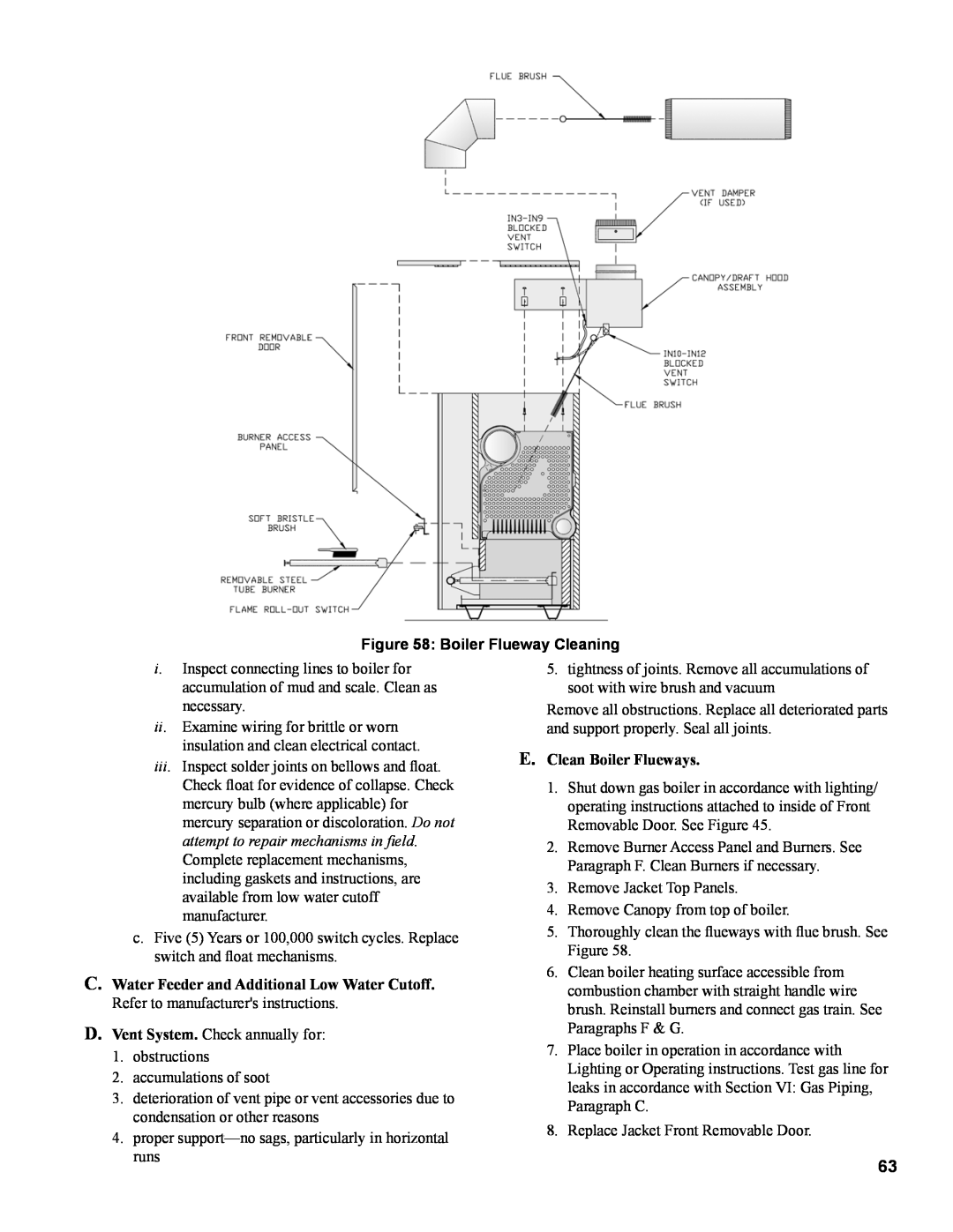 Burnham IN10 manual Boiler Flueway Cleaning, E. Clean Boiler Flueways 