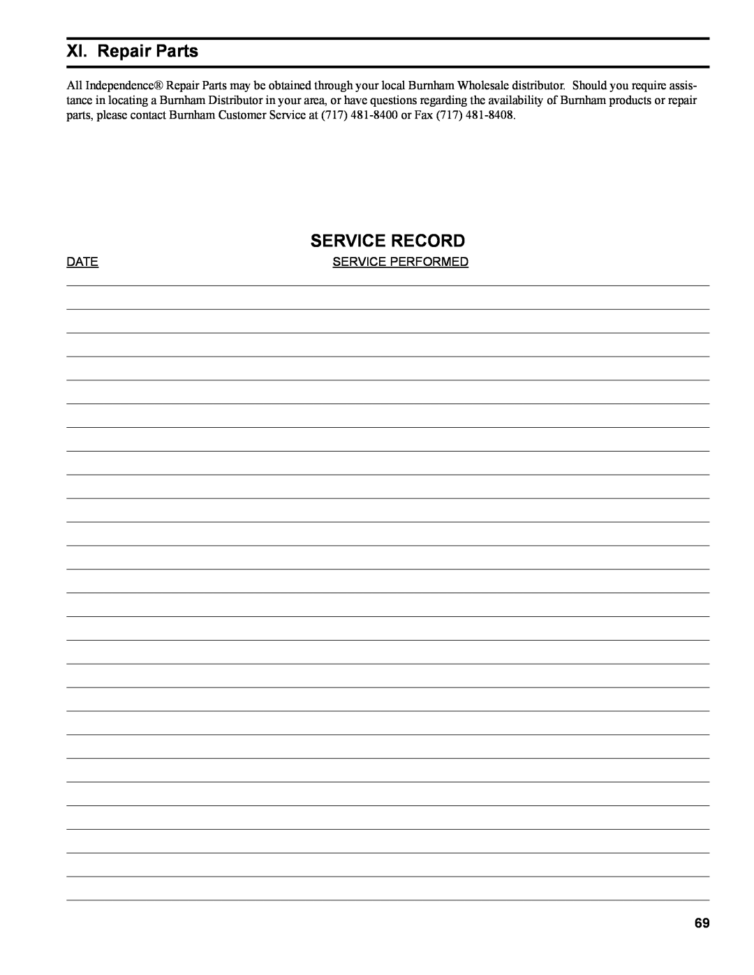Burnham IN10 manual XI. Repair Parts, Service Record, Date, Service Performed 