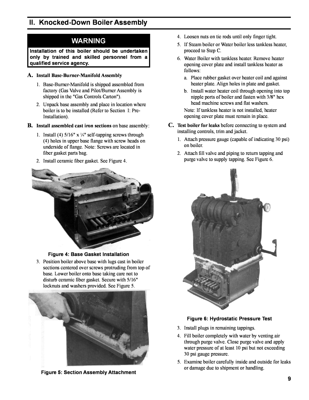 Burnham IN10 manual II. Knocked-Down Boiler Assembly, A. Install Base-Burner-Manifold Assembly, Base Gasket Installation 