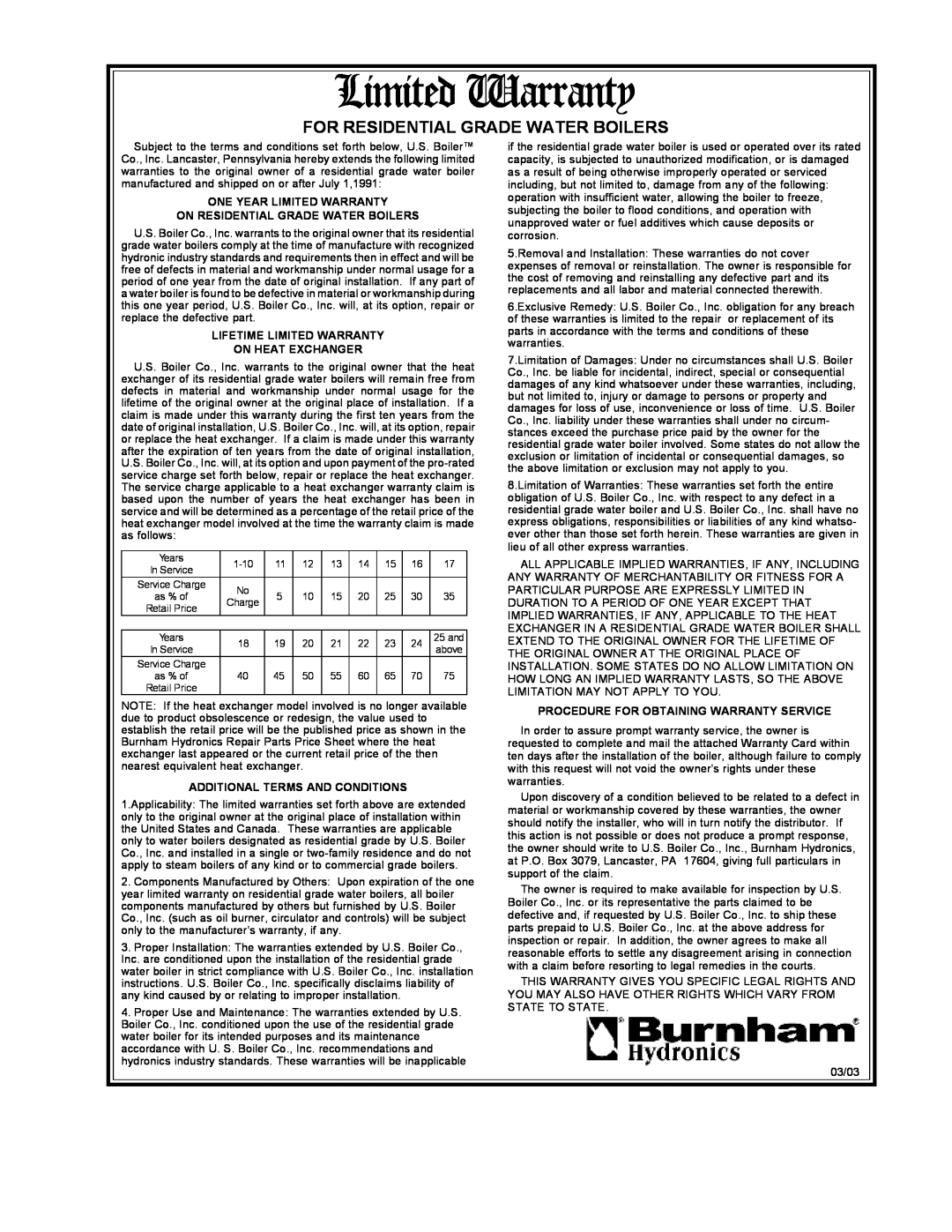 Burnham IN10 manual For Residential Grade Water Boilers, Lifetime Limited Warranty On Heat Exchanger 