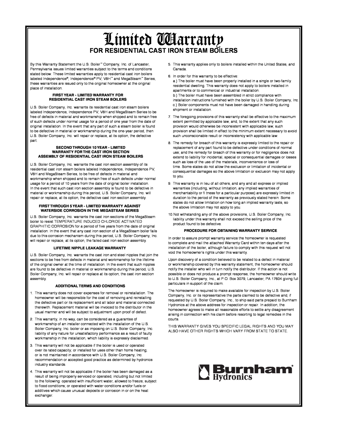Burnham IN10 Limited Warranty, For Residential Cast Iron Steam Boilers, Assembly Of Residential Cast Iron Steam Boilers 