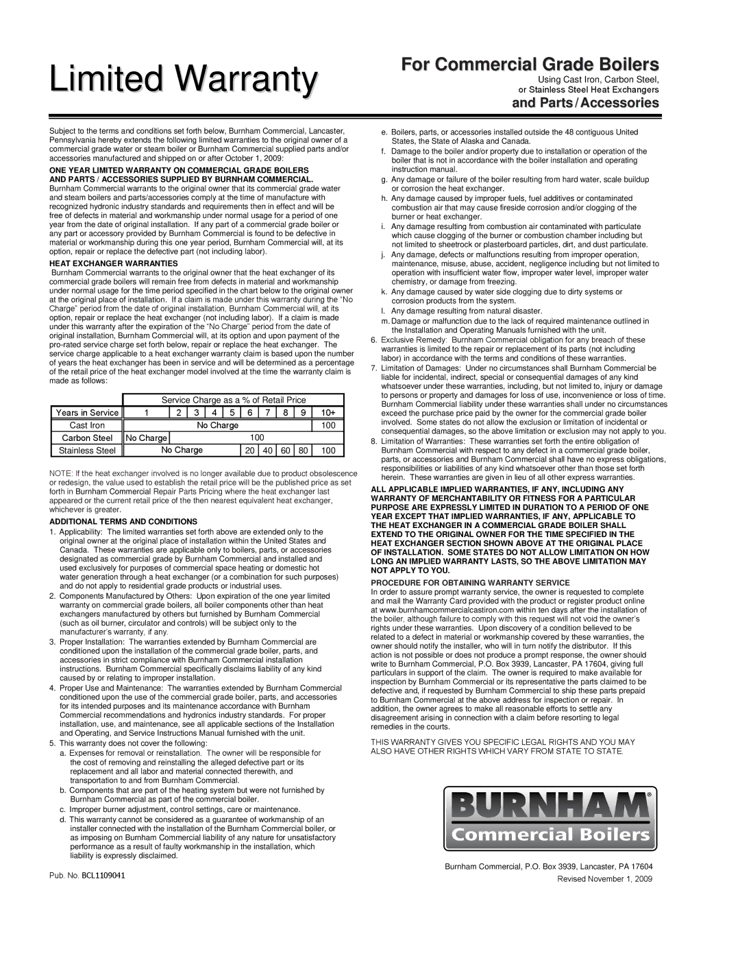 Burnham K50 manual Limited Warranty, 116 