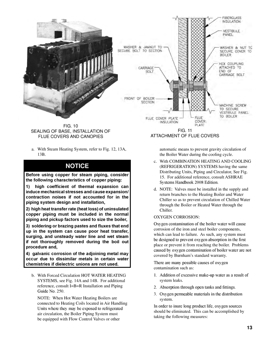 Burnham K50 manual Sealing of BASE, Installation Flue Covers and Canopies, Attachment of Flue Covers, Oxygen Corrosion 