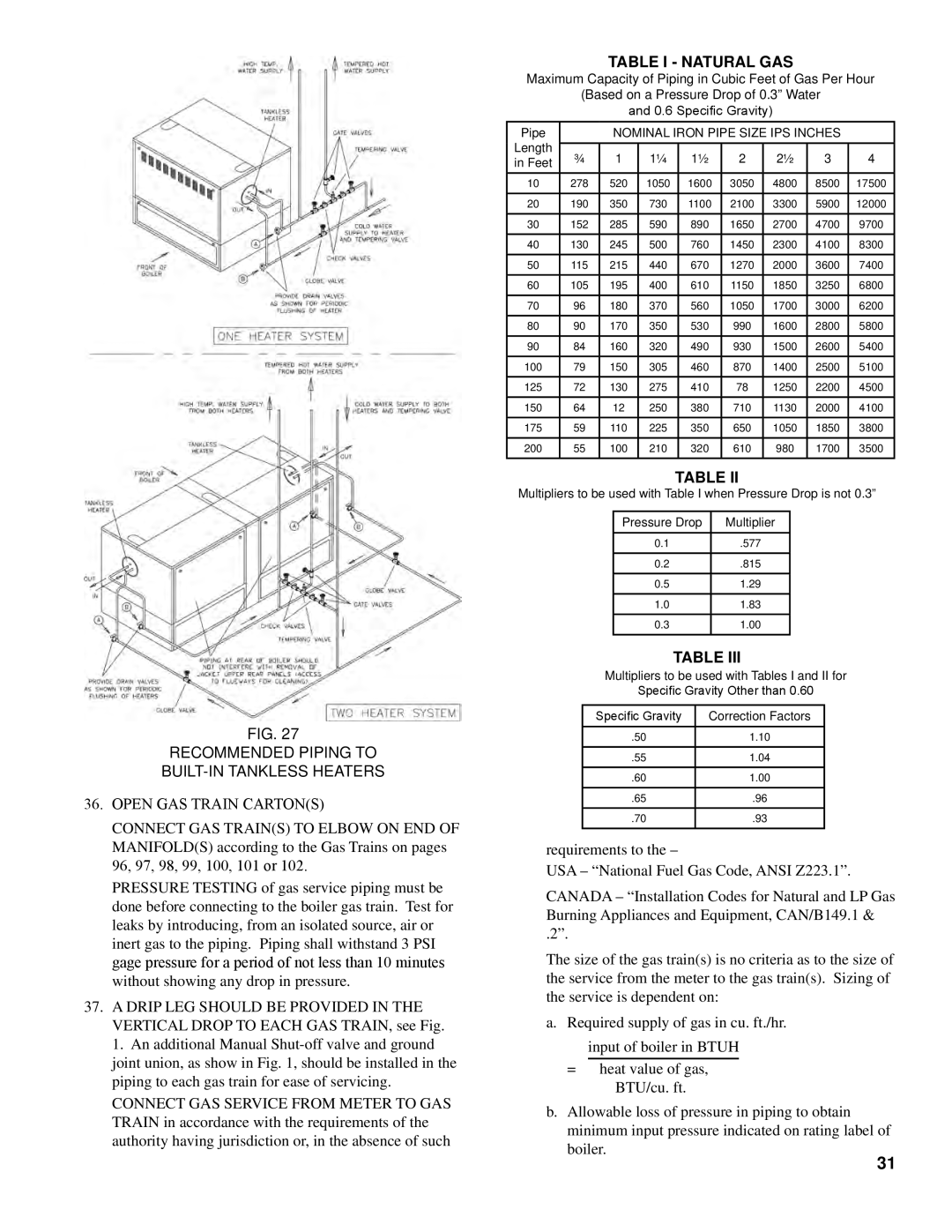 Burnham K50 manual Recommended Piping to BUILT-IN Tankless Heaters, Open GAS Train Cartons 