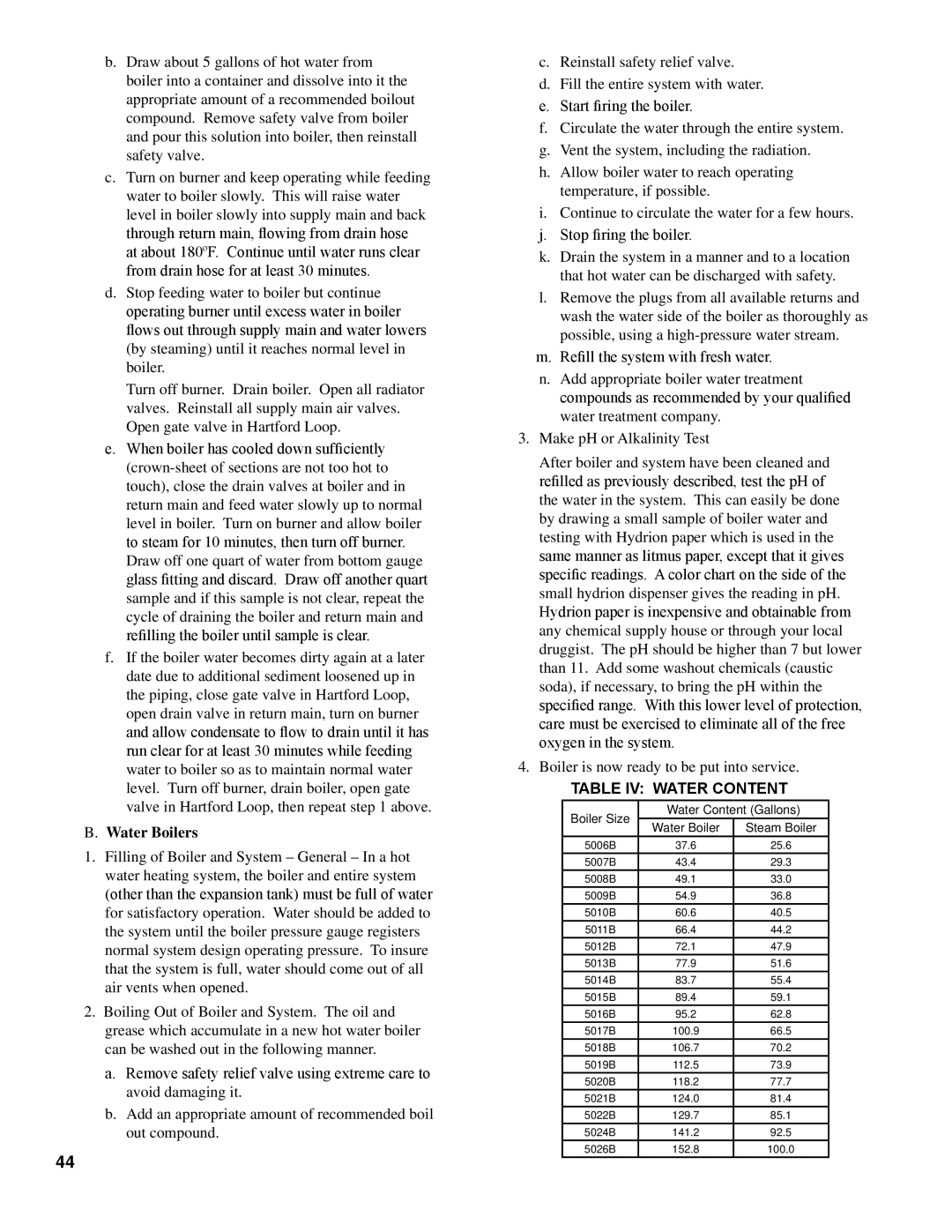 Burnham K50 manual Table IV Water Content 