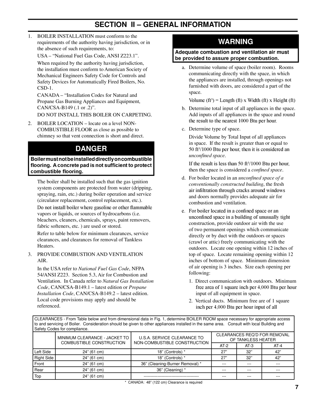 Burnham K50 manual Do not Install this Boiler on Carpeting, Provide Combustion and Ventilation AIR 