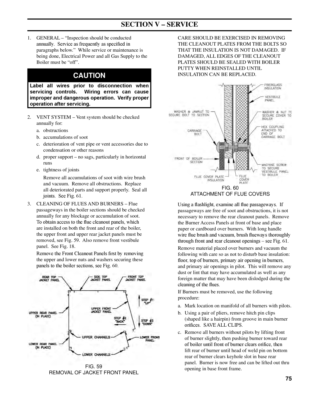 Burnham K50 manual Section V Service, Removal of Jacket Front Panel 