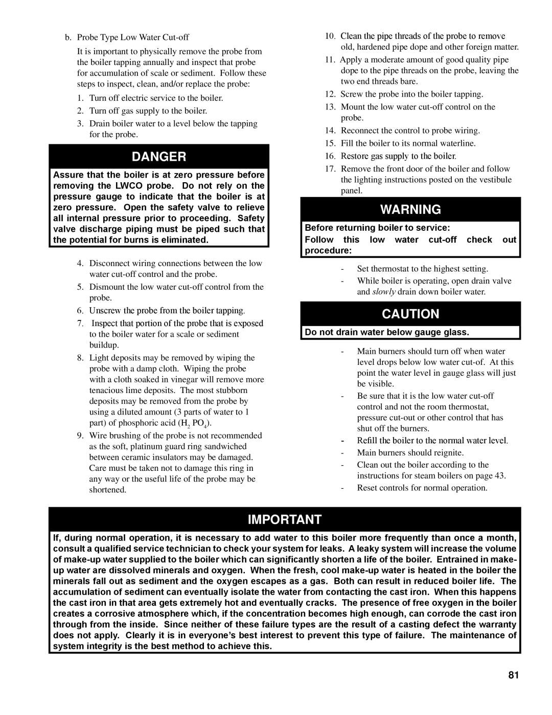 Burnham K50 manual Do not drain water below gauge glass 