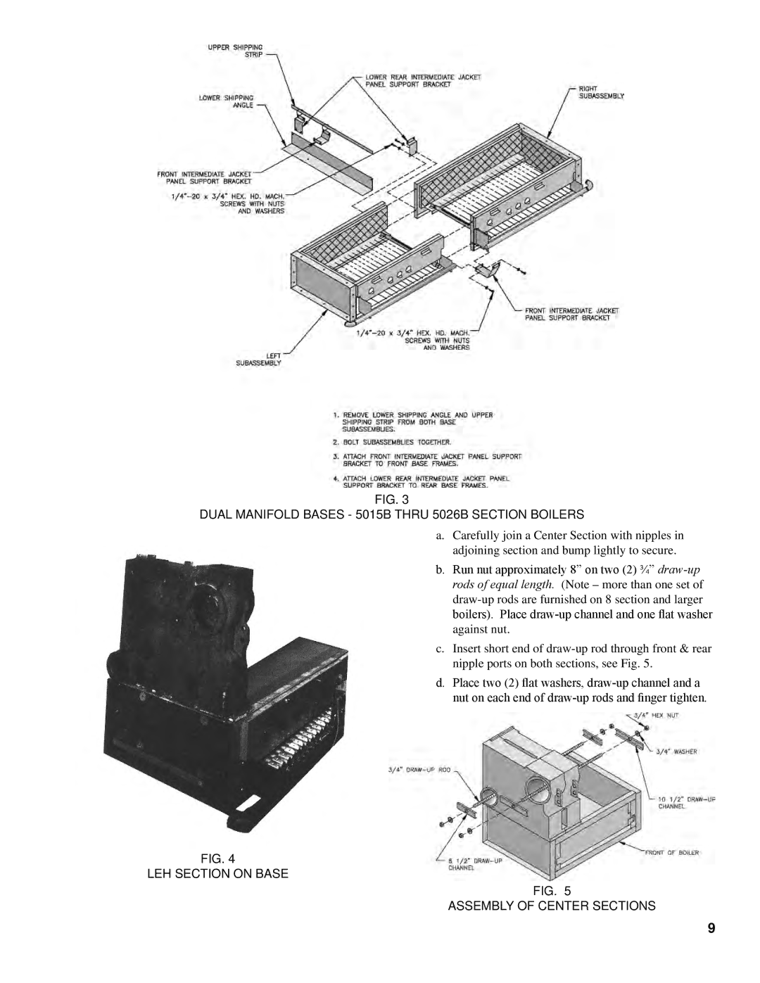 Burnham K50 manual Dual Manifold Bases 5015B Thru 5026B Section Boilers, LEH Section on Base Assembly of Center Sections 