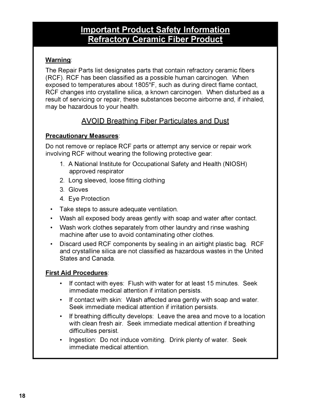 Burnham L7248 manual Avoid Breathing Fiber Particulates and Dust 