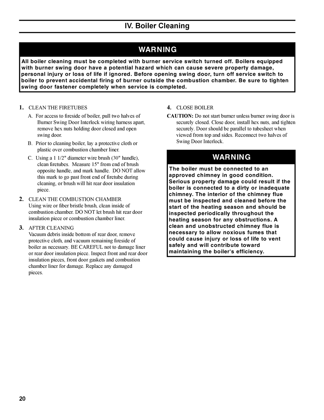 Burnham L7248 manual IV. Boiler Cleaning, Clean the Firetubes Close Boiler, After Cleaning 