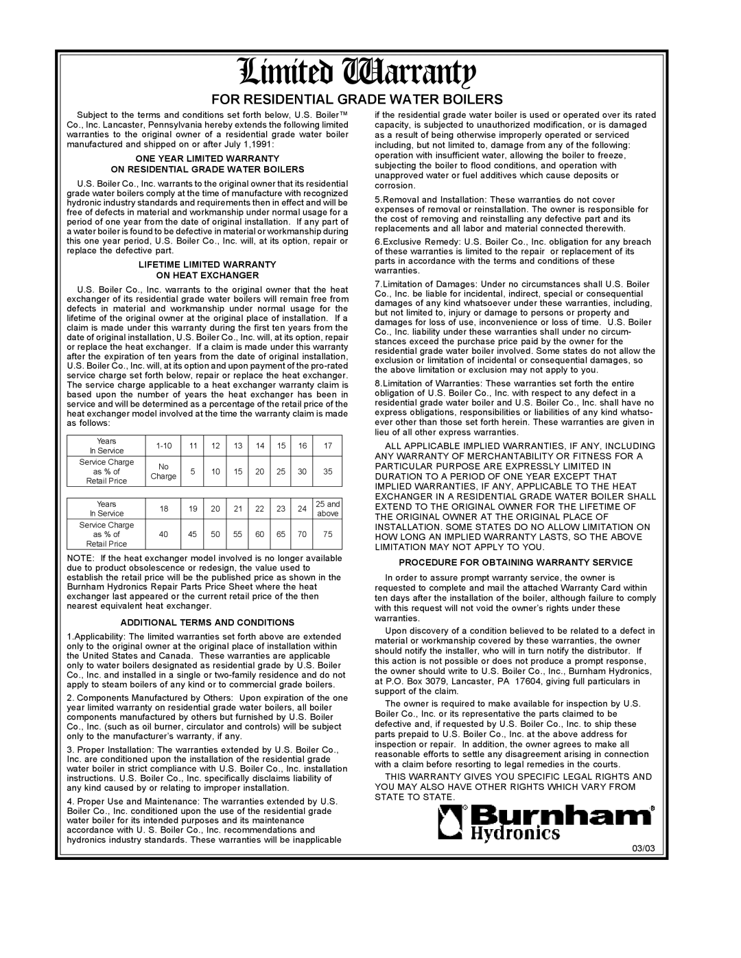 Burnham L7248 manual Limited Warranty 