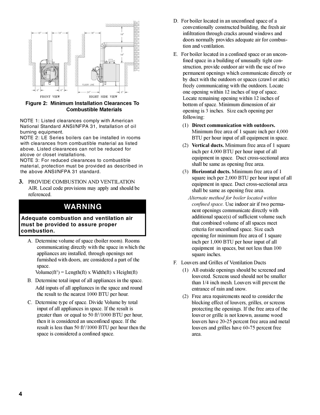 Burnham L7248 manual Minimum Installation Clearances To Combustible Materials 