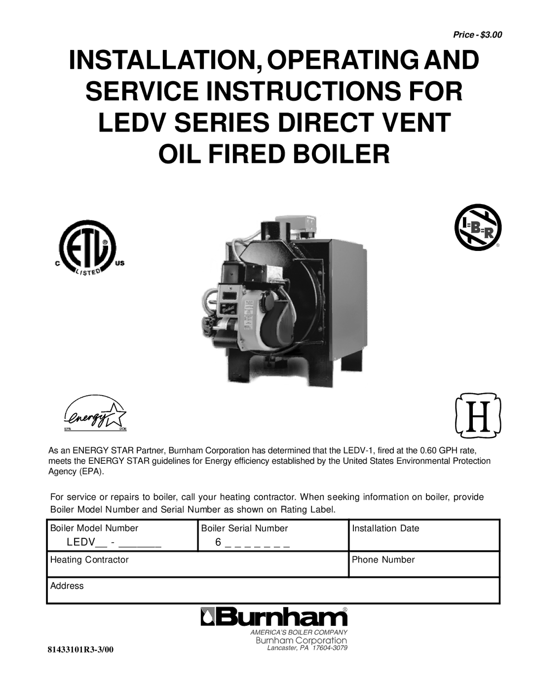 Burnham LEDV SERIES manual 81433101R3-3/00 