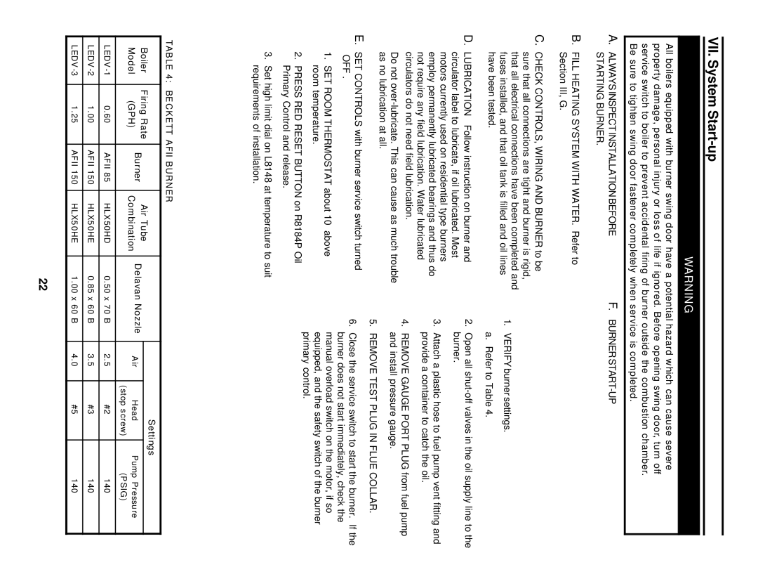 Burnham LEDV SERIES manual VII. System Start-up, Alwaysinspectinstallationbefore Starting Burner, Burnerstart-Up 