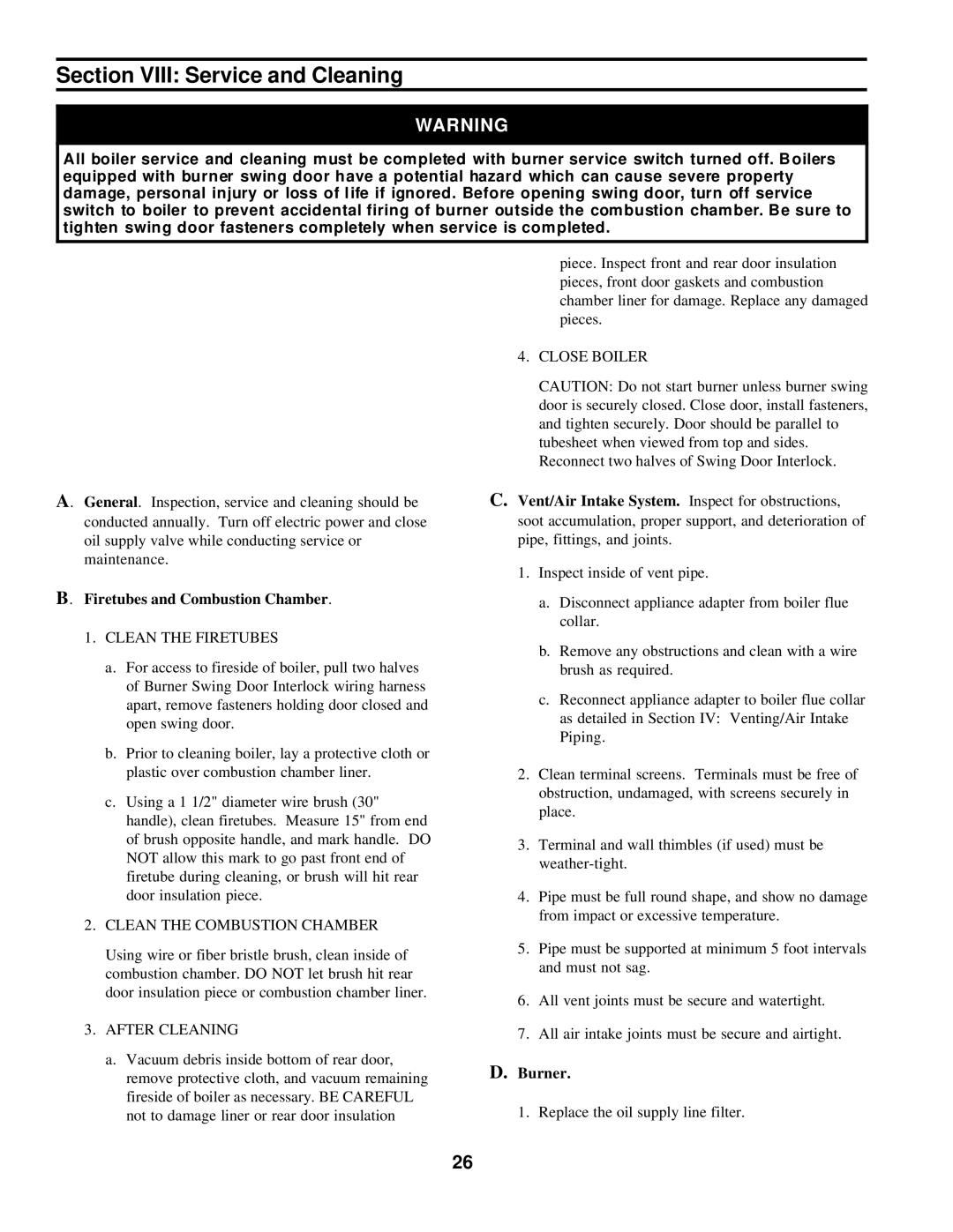 Burnham LEDV SERIES manual Section Viii Service and Cleaning, Firetubes and Combustion Chamber, Burner 