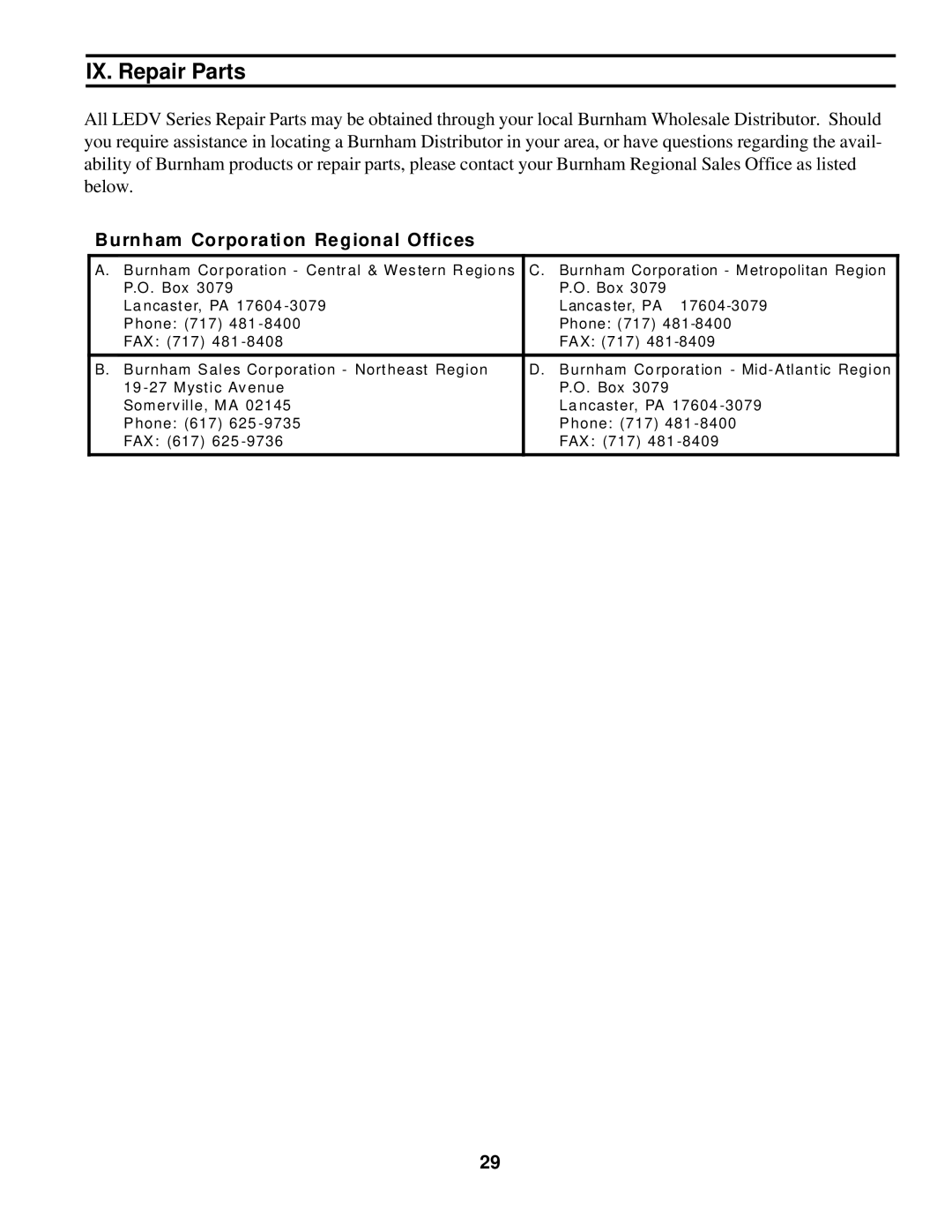 Burnham LEDV SERIES manual IX. Repair Parts, Urnham Corporation Regional Offices 