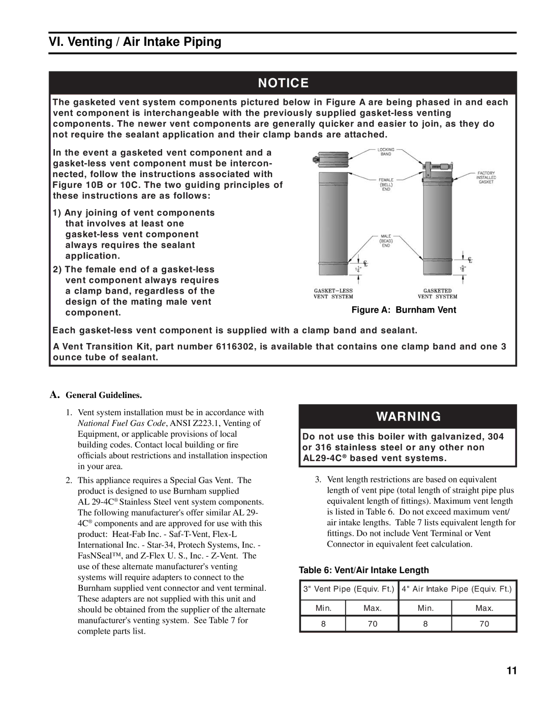 Burnham MMII manual VI. Venting / Air Intake Piping, Component, General Guidelines, Vent/Air Intake Length 