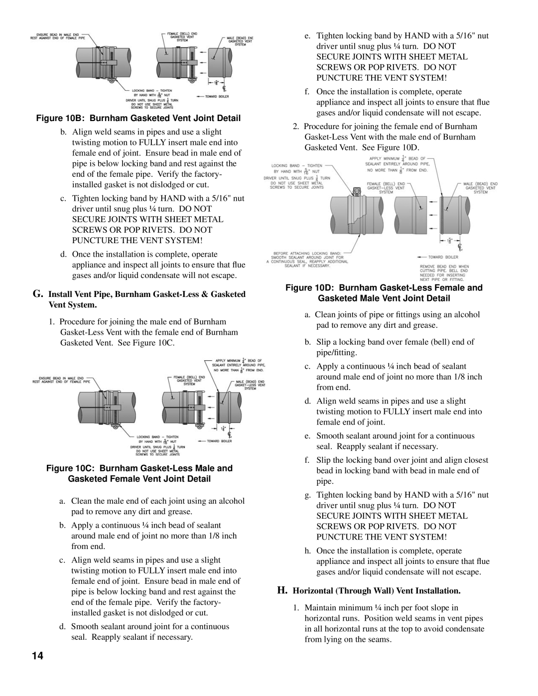 Burnham MMII manual Burnham Gasketed Vent Joint Detail, Horizontal Through Wall Vent Installation 