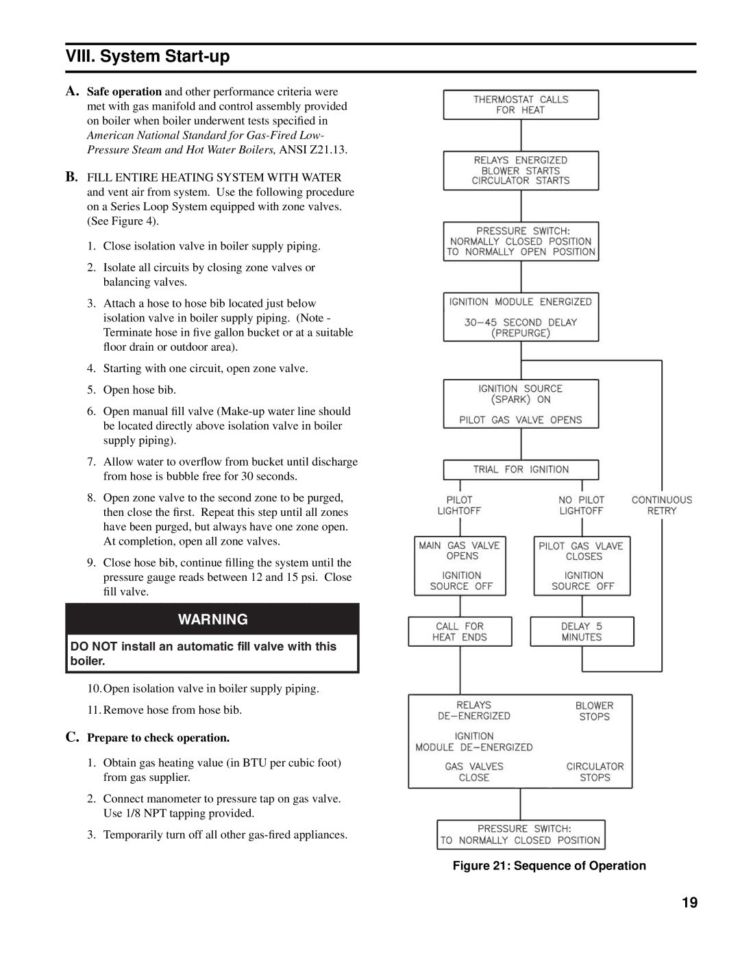 Burnham MMII VIII. System Start-up, Do not install an automatic fill valve with this boiler, Prepare to check operation 